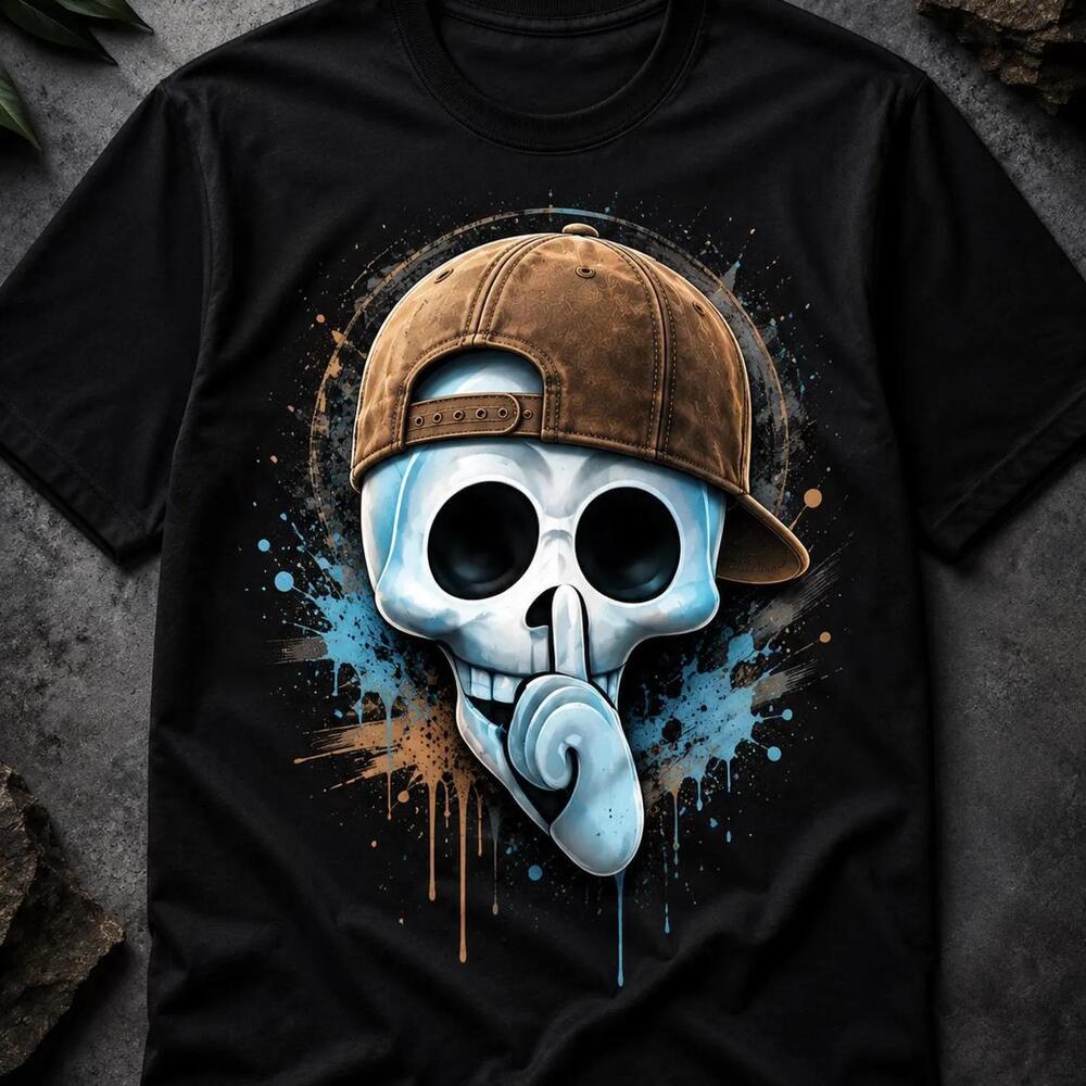 Shhh Skull Graphic Tee, Streetwear Halloween Shirt, Paint-Splash